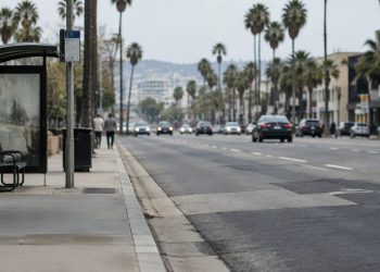 Sunset Boulevard in West Hollywood in neutral daylight, with a concrete bus pad beside patched asphalt, palm trees and low-rise buildings along the roadway.