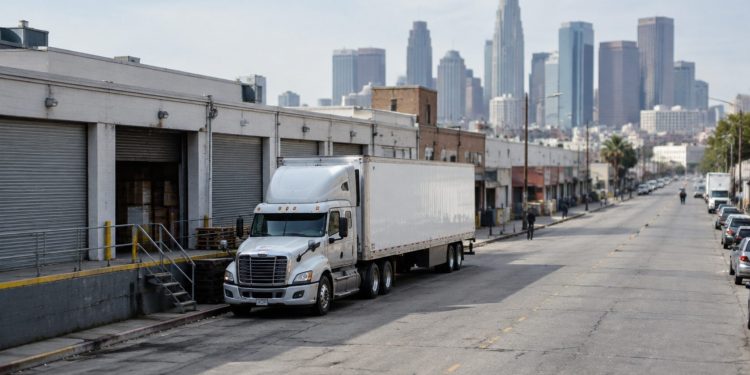 Tractor-trailer parked beside low-rise wholesale buildings with roll-up metal doors on a downtown Los Angeles street in neutral daylight, towers blurred behind.