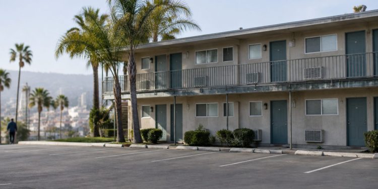 Two-story motel exterior in Los Angeles County with a second-floor walkway and small bathroom windows under neutral daylight, palm trees beside an empty lot.