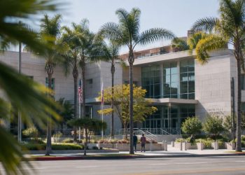 West Hollywood City Hall seen from across Santa Monica Boulevard in neutral daylight, with palm trees in the foreground, illustrating the city council race.