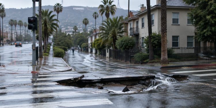 Wet Hollywood intersection with a damaged crosswalk and water running down a side street of palm trees and older apartments in morning daylight.