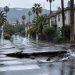 Wet Hollywood intersection with a damaged crosswalk and water running down a side street of palm trees and older apartments in morning daylight.