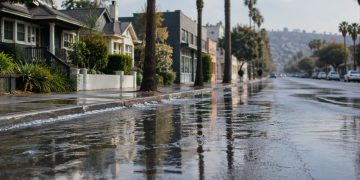 Wet asphalt and sidewalks along a Silver Lake street lined with palm trees and low-rise buildings in morning daylight after a water main break.