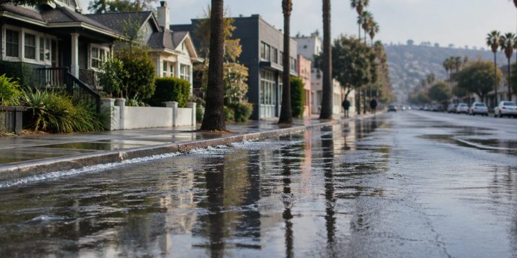 Wet asphalt and sidewalks along a Silver Lake street lined with palm trees and low-rise buildings in morning daylight after a water main break.