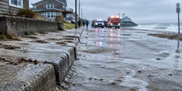 Wet sand and seawater cover a beachfront street on the Long Beach Peninsula, with a sodden curb in sharp focus and homes softly blurred in the background.