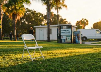 White folding chairs arranged on West Hollywood Park's Robertson Lawn in late afternoon, with vending machine and restroom building blurred in background.