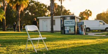 White folding chairs arranged on West Hollywood Park's Robertson Lawn in late afternoon, with vending machine and restroom building blurred in background.