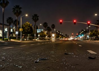Wide multi-lane boulevard intersection in Manhattan Beach at night under street lamps, with broken glass and plastic fragments scattered across the asphalt.