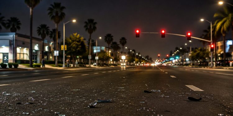 Wide multi-lane boulevard intersection in Manhattan Beach at night under street lamps, with broken glass and plastic fragments scattered across the asphalt.