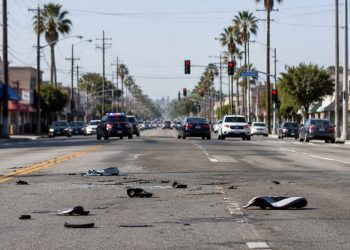 Wide view of a South Los Angeles intersection with vehicle debris scattered across the asphalt, low-rise storefronts and palm trees in morning daylight.