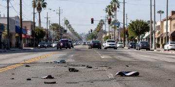 Wide view of a South Los Angeles intersection with vehicle debris scattered across the asphalt, low-rise storefronts and palm trees in morning daylight.