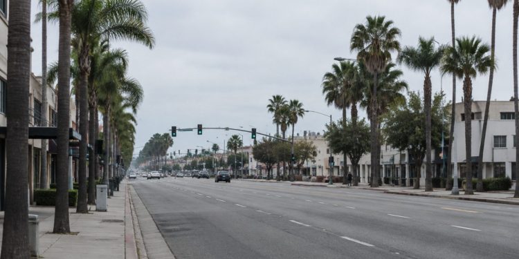 Wide view of an empty Southern California boulevard lined with palm trees and a traffic signal in neutral daylight, illustrating a fatal off-duty crash.