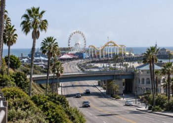 Wide view of the Santa Monica Pier entrance in neutral daylight, with palm trees along Ocean Avenue and the Pacific Park Ferris wheel softly blurred beyond.