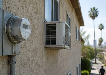 Window air-conditioning units and a utility meter on the side of an older Los Angeles apartment building in afternoon daylight, illustrating high utility bills.