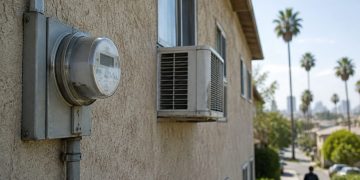 Window air-conditioning units and a utility meter on the side of an older Los Angeles apartment building in afternoon daylight, illustrating high utility bills.