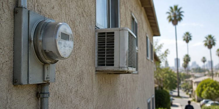 Window air-conditioning units and a utility meter on the side of an older Los Angeles apartment building in afternoon daylight, illustrating high utility bills.